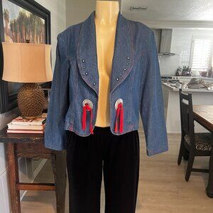 Lucille Lightweight Denim Western Theme Open Front Jacket w/accent red stitching